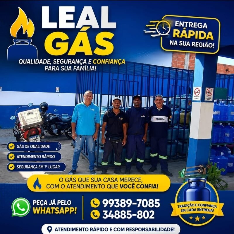 Equipe da Leal Gás em frente ao depósito de gás P13 e água mineral em Planaltina-DF, pronta para realizar entregas em Planaltina e Arapoanga
