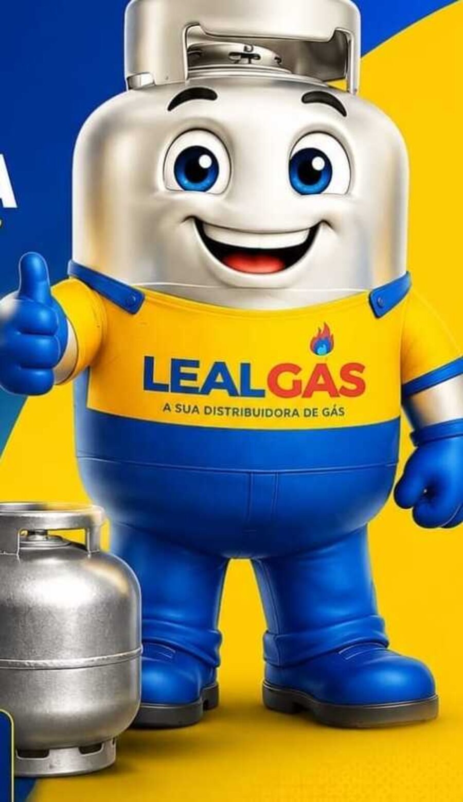 Mascote da Leal Gás, botijão de gás P13 sorridente, representando entrega de gás e água mineral com qualidade, segurança e confiança em Planaltina e Arapoanga-DF